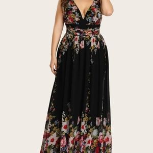 Pleated Waist Floral Print Chiffon Maxi